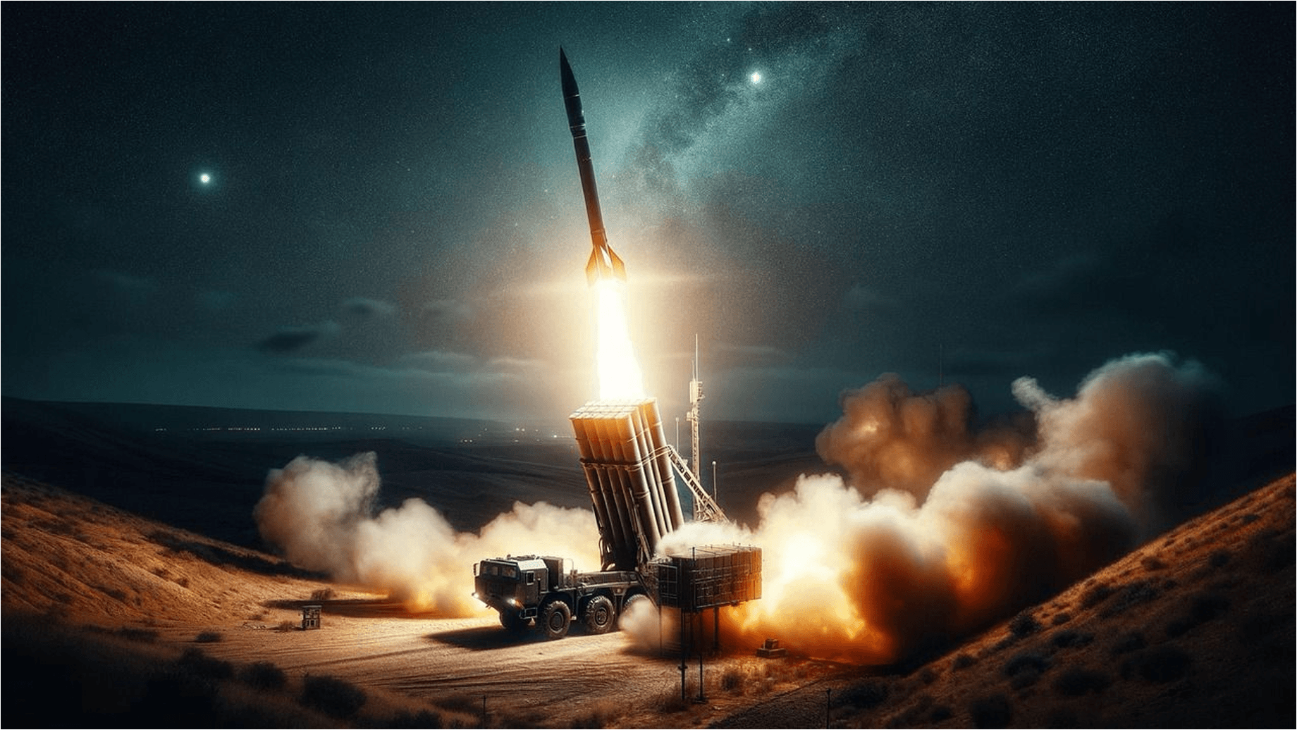 Night-launch of a guided missile, illuminating the landscape below